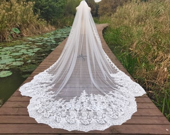 Lace Cathedral Bridal Veil Gorgeous Wedding Veil White/Ivory One Layer Veil with Comb Bridal Lace Veil