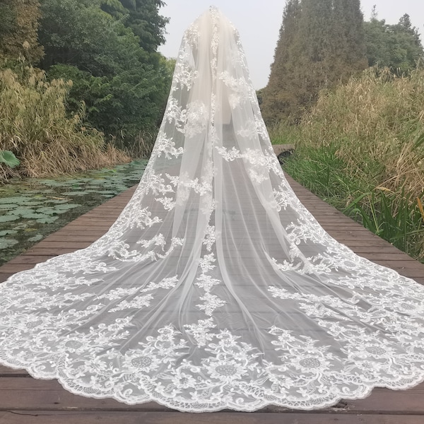 White/Ivory Lace Cathedral Wedding Bridal Veil Gorgeous Lace Veil One Layer Cathedral Length Veil Wedding Veil