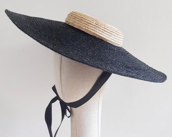 Jessica Wide Straw Boater Ribbon Tie Hat - Etsy display picture 1