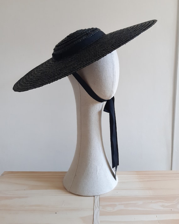 Wide Brimmed Black Straw Boater Hat - Etsy display picture 2
