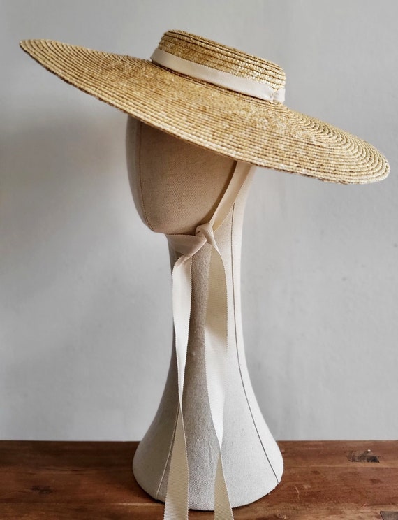 Wide Brimmed Straw Boater Hat With Cream Ribbon Ties - Etsy 