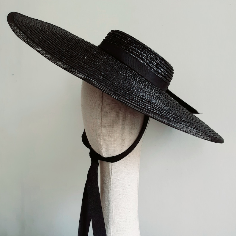 Wide brimmed black straw boater hat Etsy