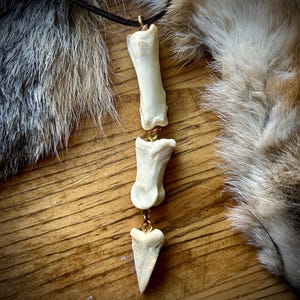 May include: A pendant necklace featuring three off-white, organic bone-like segments linked vertically by small gold-toned metal rings. The top segment is elongated, the middle is wider, and the bottom is a pointed, triangular shape.