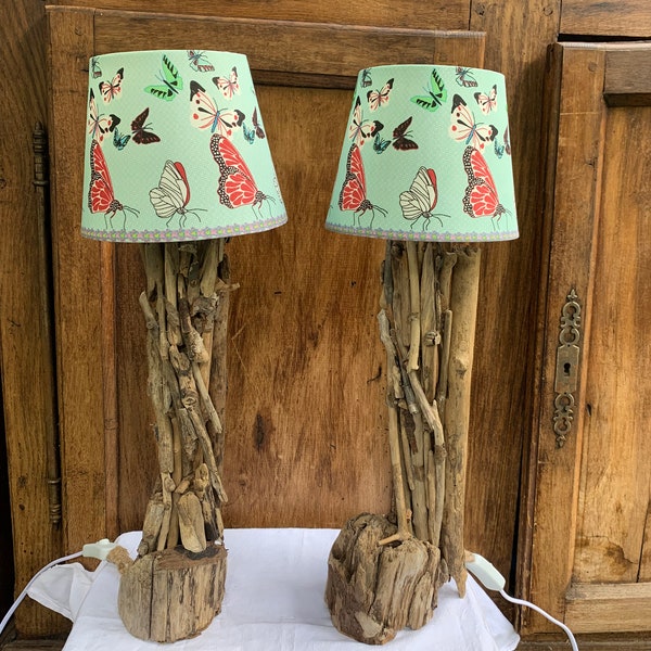 Lampes de chevet en bois flotté, abat-jour papillons