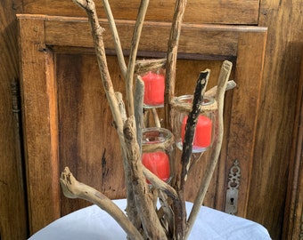 Driftwood candle holder and 3 candles for Christmas