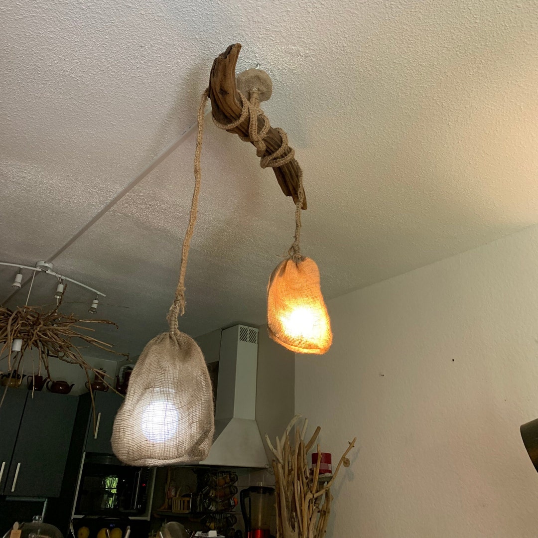 Plafonnier en bois flotté et 2 abats jours en lin - Etsy France