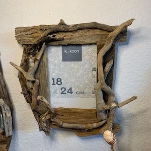 Driftwood, shell and black mother-of-pearl photo frame for 18x24 cm photo