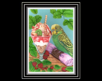 Wall Art Print ‘My Ice Cream’ - A4, A5, A6 Art Print from Original Artwork Featuring Cute Budgie with a Fruity Sundae