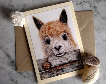 Llampaca Greeting Card – Handmade – Blank Inner and Envelope - Llampaca and Unicorn Snail - Llama - Alpaca