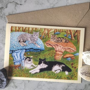 Forêt de champignons - Carte de voeux faite main avec enveloppe et intérieur vierge