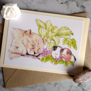Let Sleeping Kitties Lie Greeting Card – Handmade – Cute Little Guinea Pigs Watch Over a Snoozing Cat - Blank Inner and Envelope