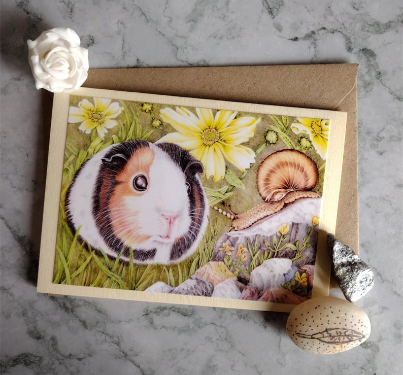 Curious Guinea Pig Greeting Card Handmade Blank Inner and Envelope Cute Guinea Pig Meets a New Unicorn Snail Friend image 1