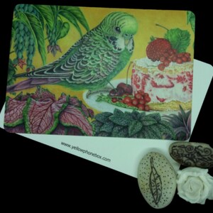 My Cake Postcard with Rounded Corners featuring a Cute Green Budgie, a Cake and plants