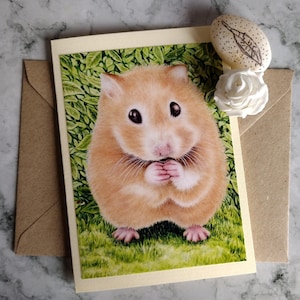 Kleiner Hamster Grußkarte - handgemacht - süßer Hamster und ein winziger Marienkäfer - Blanko-Innenseite und Umschlag