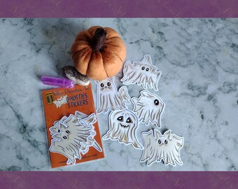 Paquete de pegatinas de Halloween, set 2: fantasmas: murciélago fantasmal, pez fantasmal, gato fantasmal, calabaza fantasmal y bruja fantasmal