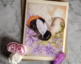 Bumbles Greeting Card - Handmade – Blank Inner and Envelope -  Magical Bumblebee and Fairy Mushroom House - Birthday - Celebration Card