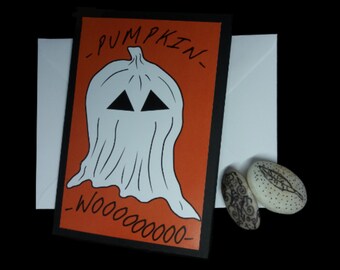 Ghost Pumpkin Halloween Greeting Card -  Spooky Handmade Card with Blank Inner and Envelope