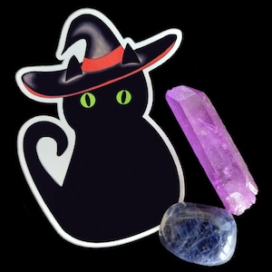 Schwarze Kitty Katze mit Hexenhut-Halloween-Aufkleber