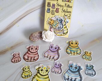 Kittiez Rayado - Set 2 - Paquete de 10 pegatinas de gatos adorables