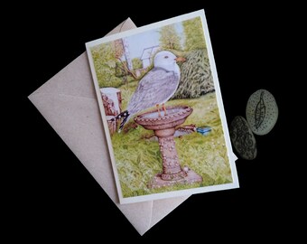 I Am A Seabird, This Is My Domain! Handmade Greeting Card  Blank Inner & Envelope - A Sea Gull takes a Cheeky Bath In a Garden Birdbath!