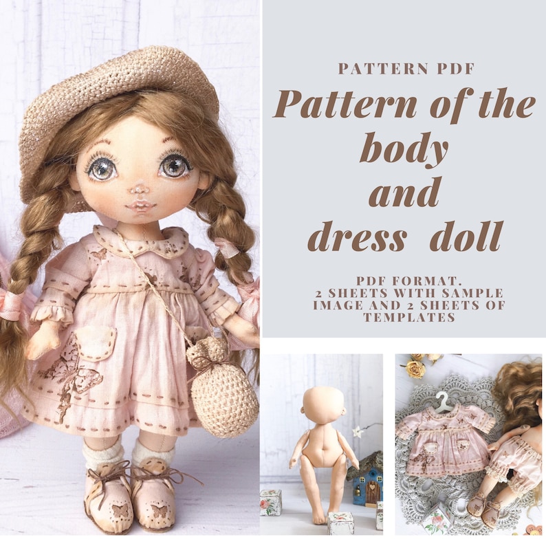 May include: A PDF pattern for a doll with a dress. The pattern includes two sheets with a sample image and two sheets of templates. The doll is wearing a pink dress with butterfly embroidery and a crocheted bag.