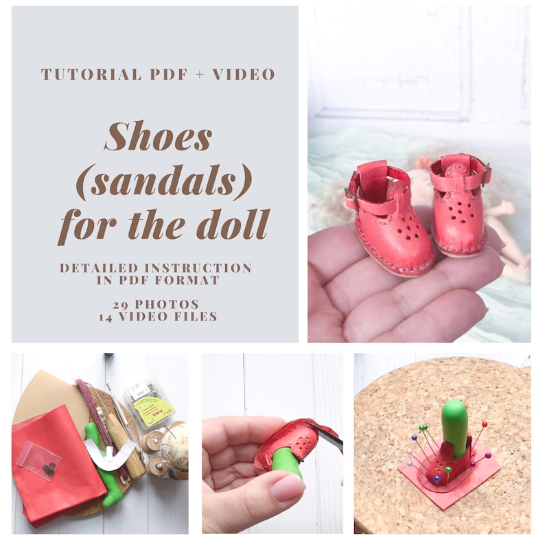 May include: A tutorial for making red leather sandals for a doll. The tutorial includes 29 photos and 14 video files. The image shows a pair of red leather sandals, a close-up of a sandal being sewn, and a sandal pinned to a cork board.