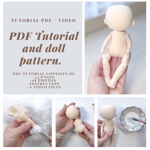 May include: A PDF tutorial and doll pattern for making a cloth doll. The tutorial includes 34 pages, 98 photos, instructions, and 6 video files.