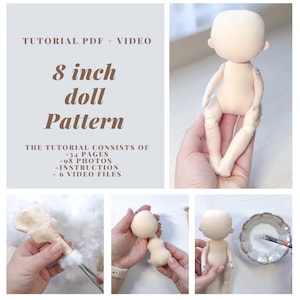 8 inch doll pattern with hinges,PDF doll body,rag doll patterns,soft doll pattern, doll wig pattern.A tutorial on sewing dolls for beginners image 1