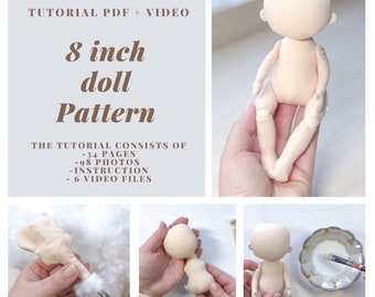 8 inch doll pattern with hinges,PDF doll body,rag doll patterns,soft doll pattern, doll wig pattern.A tutorial on sewing dolls for beginners