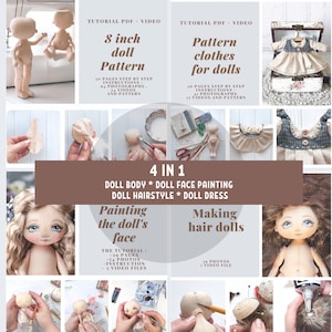 Set of 4 PDF Doll Outfit set Patterns for Dolls 8 inch, Doll Dress Patterns, Tutorial Face painting, Making hair doll,Doll body PDF