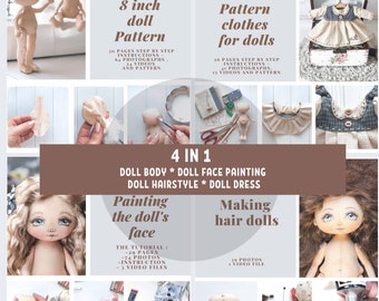 A set of tutorials for making  8 inch soft doll from Hairstyle and fabric.Painting dolls. Patterns for beginners. Mother’s Day gifts.4 in 1