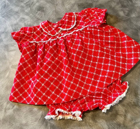 Handmade Vintage Baby Red Dress with Lace Trim w/… - image 1