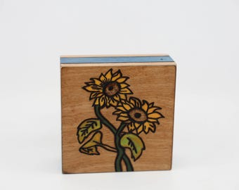 Wood burned Cube with Sunflowers (SKU#1345)