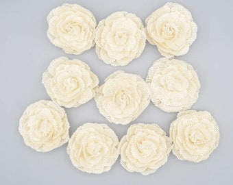 Lot 10 White Jute Burlap Roses Artificial Flowers For DIY Crafts Rustic Wedding Party Decor