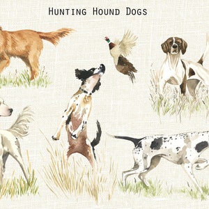 May include: Watercolour painting of six hunting hound dogs in various poses. The dogs are all white with brown spots, except for one which is golden brown. The dogs are set against a background of green and brown grass. The text "HUNTING HOUND DOGS" is at the top of the image.