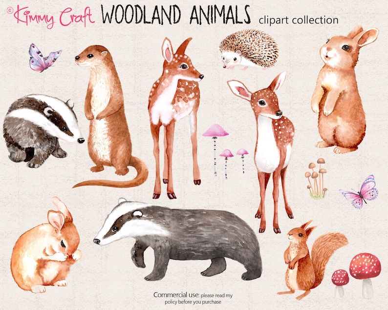 Peut inclure: Collection d'images clipart d'animaux de la for&ecirc;t, peintes &agrave; l'aquarelle, comprenant un blaireau, une loutre, un cerf, un h&eacute;risson, un lapin, un &eacute;cureuil et des champignons. Les animaux sont illustr&eacute;s dans un style fantaisiste avec des couleurs douces.