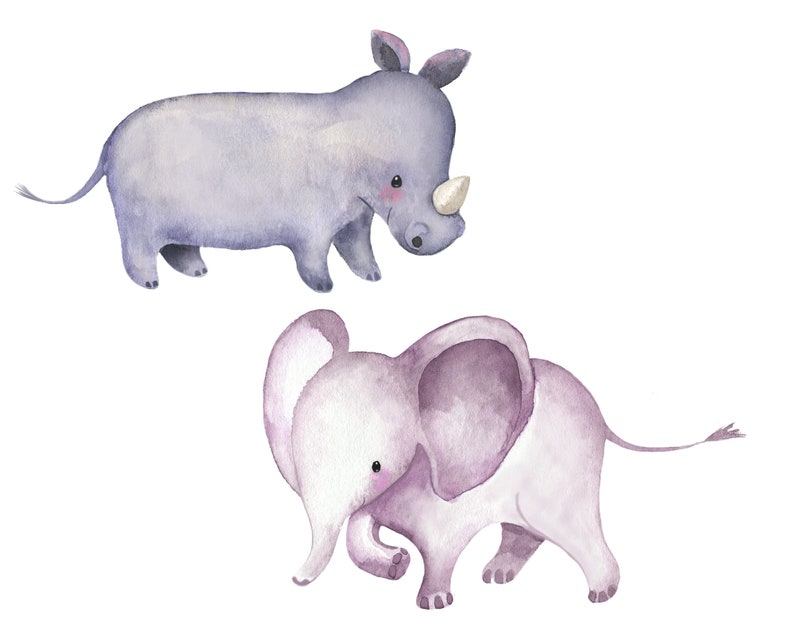 K&ouml;nnte beinhalten: Aquarell-Illustration eines lilafarbenen Nashorns und eines lilafarbenen Elefanten. Das Nashorn geht nach links und der Elefant geht nach rechts.