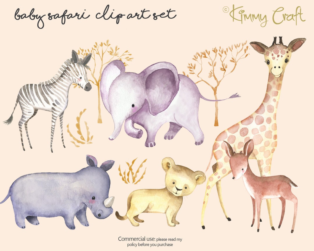 Baby Safari Animals Clip Art Digital Download. Carefully Hand Painted