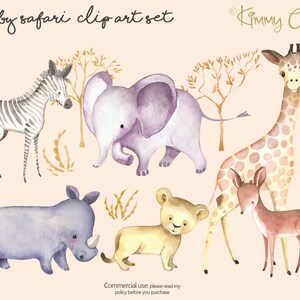 K&ouml;nnte beinhalten: Ein Set mit Aquarell-Illustrationen von Baby-Safari-Tieren, darunter ein Zebra, ein Elefant, eine Giraffe, ein L&ouml;we, ein Nashorn und ein Reh. Die Tiere sind alle in einem niedlichen und skurrilen Stil dargestellt, mit sanften Farben und abgerundeten Formen.