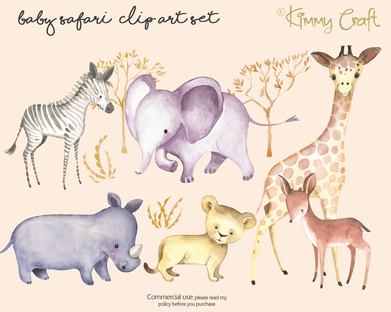 K&ouml;nnte beinhalten: Ein Set mit Aquarell-Illustrationen von Baby-Safari-Tieren, darunter ein Zebra, ein Elefant, eine Giraffe, ein L&ouml;we, ein Nashorn und ein Reh. Die Tiere sind alle in einem niedlichen und skurrilen Stil dargestellt, mit sanften Farben und abgerundeten Formen.