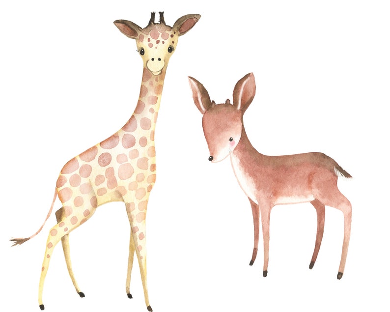K&ouml;nnte beinhalten: Aquarell-Illustration einer Giraffe und eines Rehs. Die Giraffe ist gelb mit braunen Flecken und hat einen langen Hals. Das Reh ist braun und hat gro&szlig;e Ohren. Beide Tiere stehen auf wei&szlig;em Hintergrund.