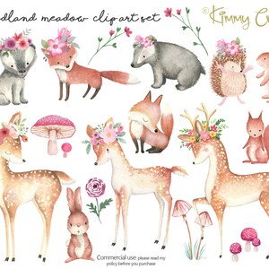 Imágenes prediseñadas de animales del bosque en acuarela: ciervo, zorro y tejón (descarga digital)