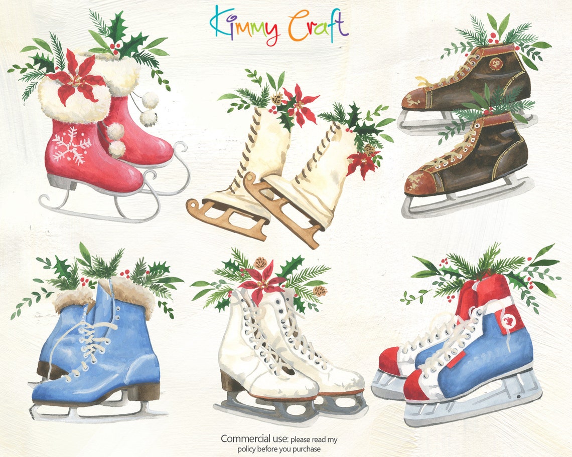 Clipart of Handpainted Vintage Christmas Ice Skates in Different