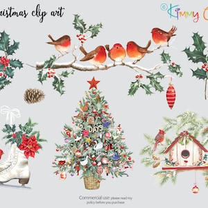 Clipart of handpainted Christmas icons, Christmas Tree, ice skates, robbins on a branch, two holly sprigs, bird house and pine cone