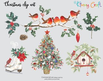 May include: A digital clipart set featuring a Christmas tree decorated with ornaments, a birdhouse, a pair of ice skates, holly, and robins. The tree is decorated with ornaments, including a sign that says "2 DAYS".