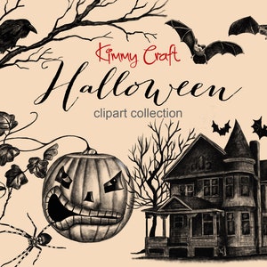 Pen and Ink hand drawn Halloween clipart collection. 28 png files