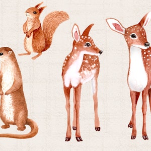 Peut inclure: Illustration aquarelle d'une loutre brune, d'un &eacute;cureuil et de deux cerfs. La loutre se tient debout sur ses pattes arri&egrave;re, la queue enroul&eacute;e derri&egrave;re elle. L'&eacute;cureuil se tient debout sur ses pattes arri&egrave;re, la queue enroul&eacute;e sur son dos. Les cerfs se tiennent debout &agrave; quatre pattes, la t&ecirc;te tourn&eacute;e sur le c&ocirc;t&eacute;. L'arri&egrave;re-plan est brun clair.