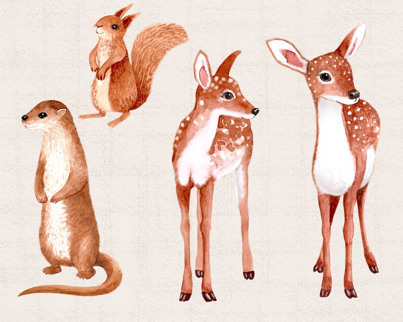 Peut inclure: Illustration aquarelle d'une loutre brune, d'un &eacute;cureuil et de deux cerfs. La loutre se tient debout sur ses pattes arri&egrave;re, la queue enroul&eacute;e derri&egrave;re elle. L'&eacute;cureuil se tient debout sur ses pattes arri&egrave;re, la queue enroul&eacute;e sur son dos. Les cerfs se tiennent debout &agrave; quatre pattes, la t&ecirc;te tourn&eacute;e sur le c&ocirc;t&eacute;. L'arri&egrave;re-plan est brun clair.