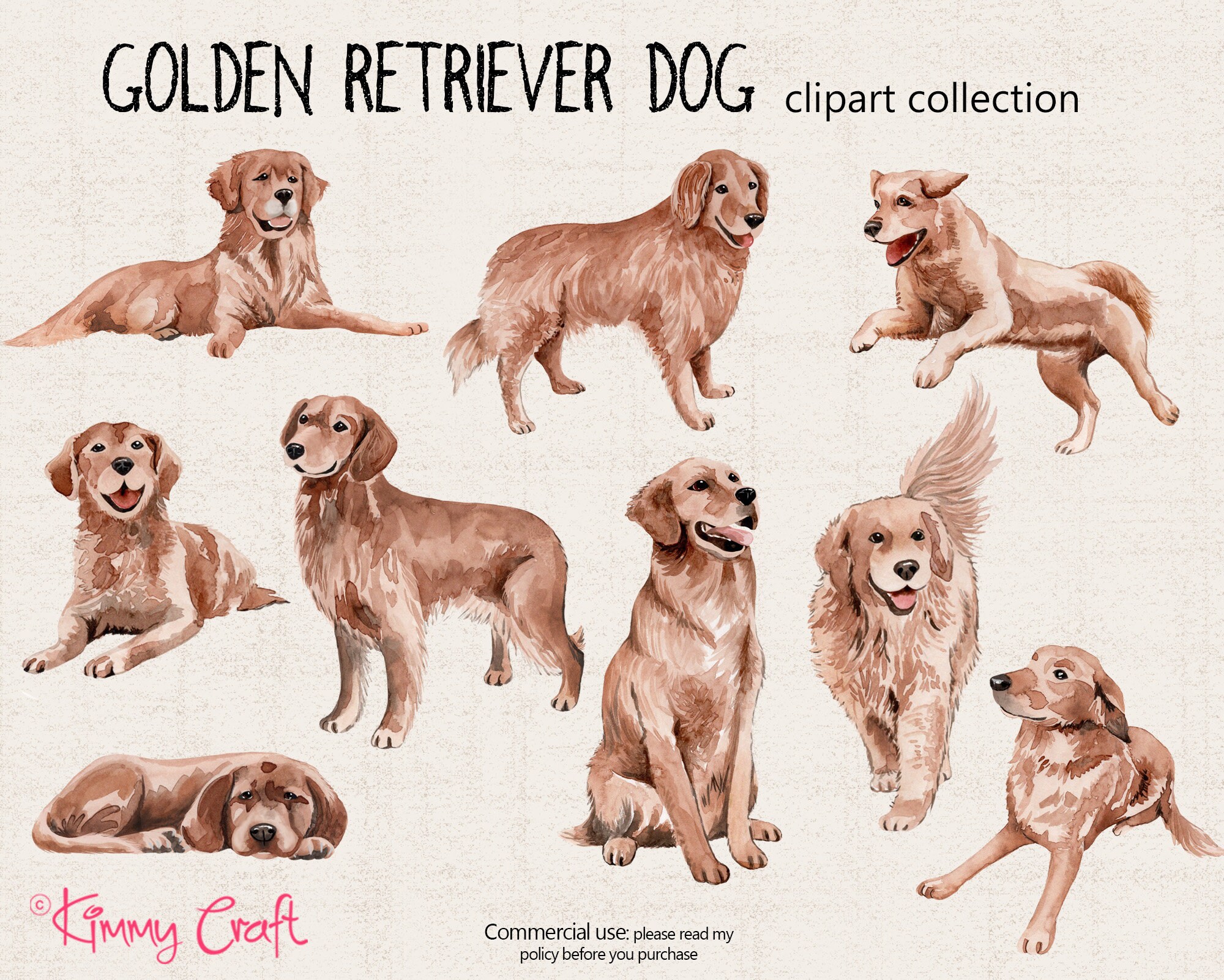 Dogs Golden Retriever dog clip art. 9 PNG files. watercolor | Etsy