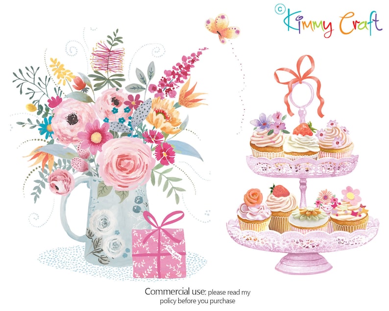 May include: A watercolor illustration of a bouquet of pink, yellow, and blue flowers in a blue and white pitcher with a pink gift box. A two-tiered pink cake stand with pink and white cupcakes decorated with flowers and strawberries. The text "Kimmy Craft" is in the upper right corner of the image.